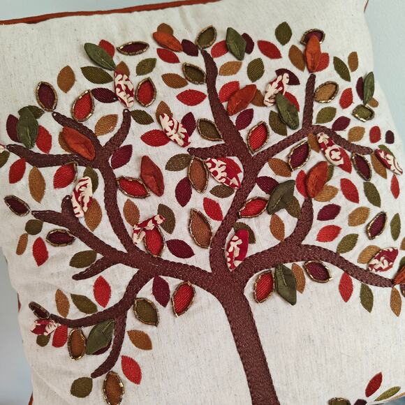 Pier 1 Embroidered Appliqued Pillow Tree Gold Green Orange Leaf Autumn Fall - Picture 5 of 8